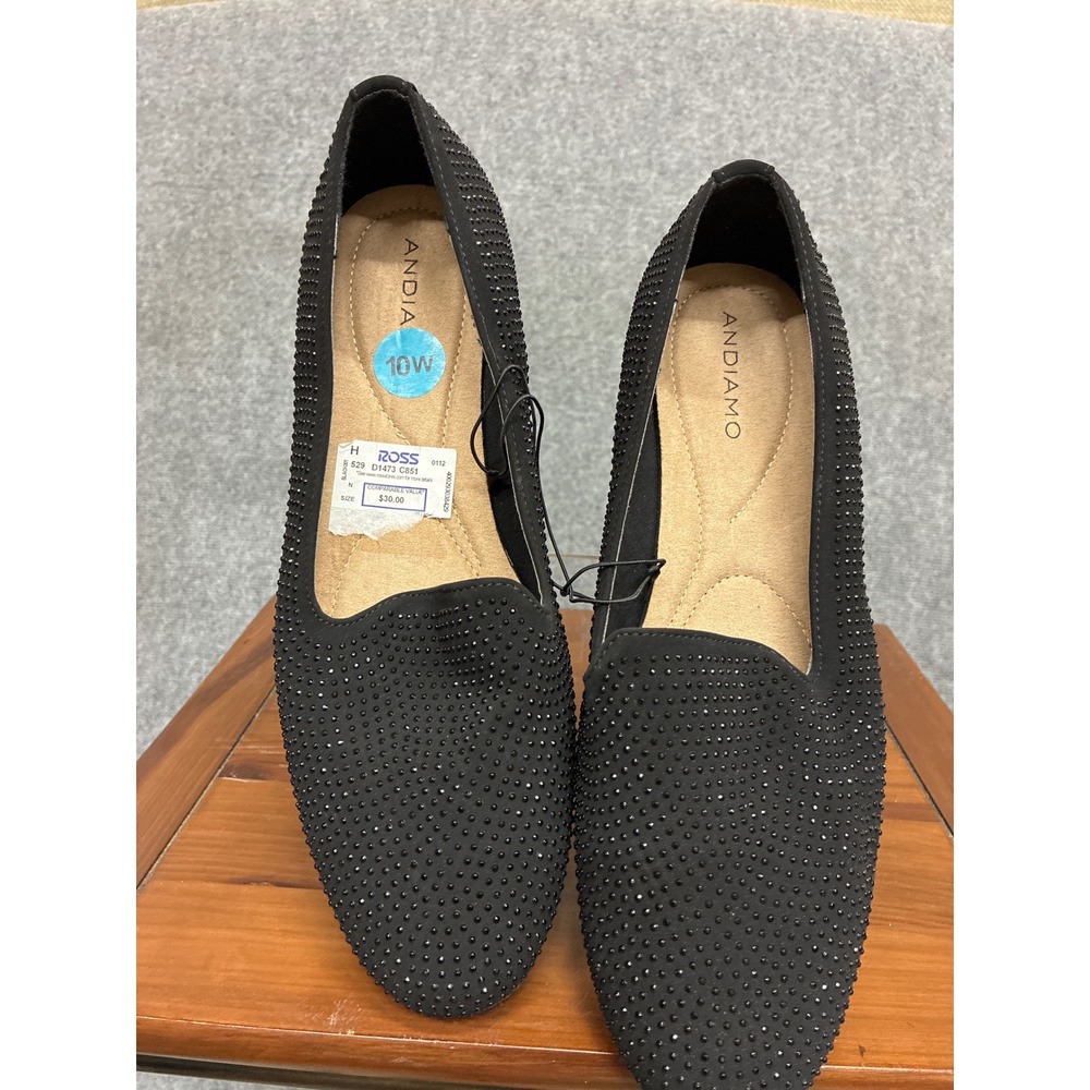 Andiamo Womens Black Rhinestone Studded Slip On Loafers Size 10W Flats NWT